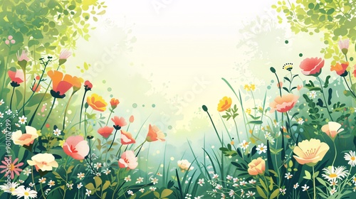 83. Lush vector spring scene with a profusion of flowers in full bloom, offering a fresh and vibrant backdrop photo