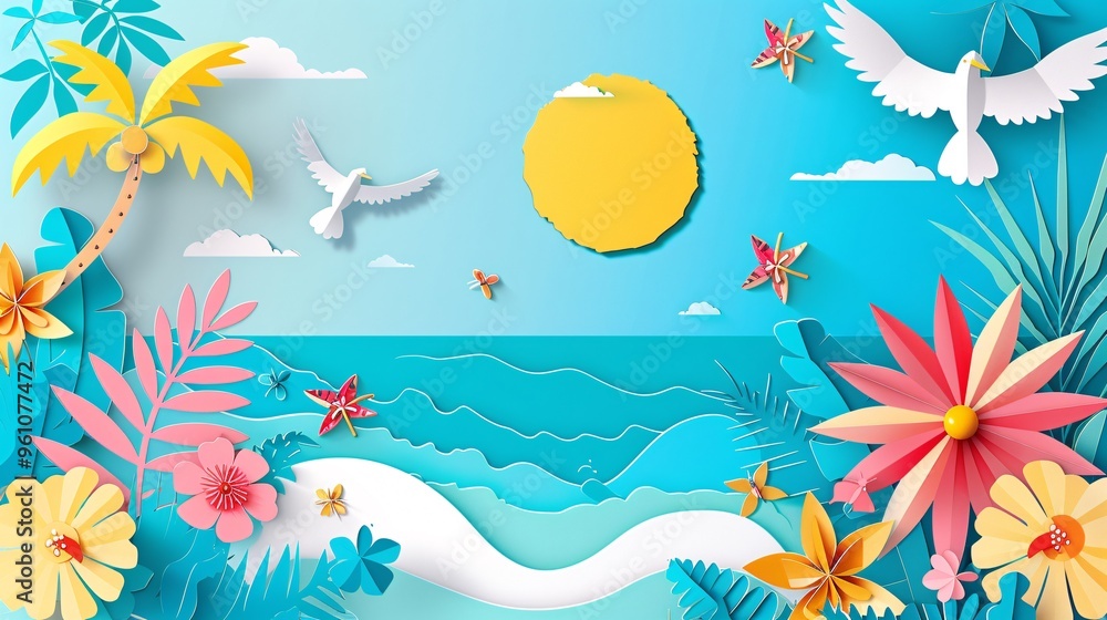 Fototapeta premium 86. Art and craft style summer paper cut symbols and objects with a clean background, providing ample space for text, ideal for ads, banners, and posters