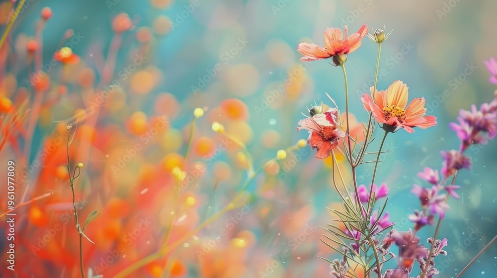 Meadow flowers bouquet on a vibrant background with paper sheets, creating a festive ambiance with a grainy and blurred effect. Meadow flowers bouquet on a vibrant background with paper sheets, creating a festive ambiance with a grainy and blurred effect.