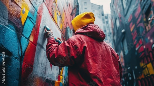 a graffiti artist do a spray painting a mural, urban alley, vibrant colors, baggy clothes, wide-angle shot.