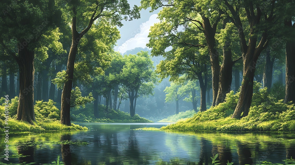 Serene Forest River with Lush Green Trees and Sunlight Filtering Through Serene Forest River with Lush Green Trees and Sunlight Filtering Through