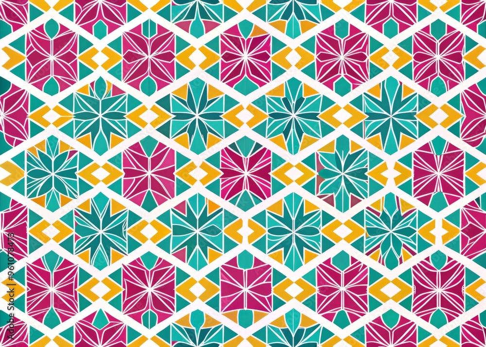 custom made wallpaper toronto digitalA bold, graphic pattern featuring stylized, geometric shapes in shades of magenta, turquoise, and sunshine yellow, set against a bright, white background with a subtle grid pattern.