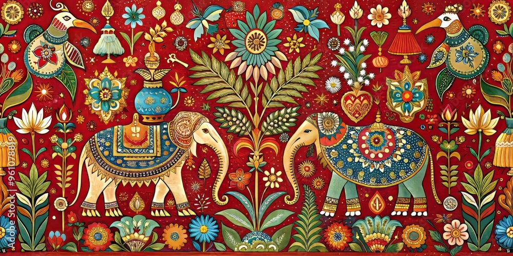custom made wallpaper toronto digitalIntricate Indian-inspired pattern featuring peacocks, elephants, and other traditional motifs in vibrant colors and ornate details, set against a rich red background with subtle texture.