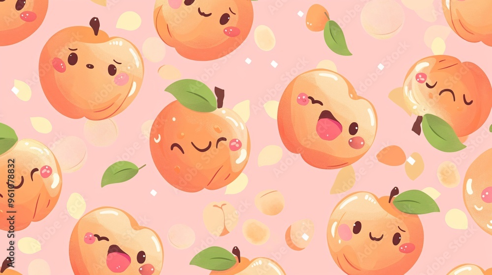 111. Adorable seamless pattern featuring kawaii peach fruits with cute faces, creating a playful and abstract cartoon background in vector style 111. Adorable seamless pattern featuring kawaii peach fruits with cute faces, creating a playful and abstract cartoon background in vector style