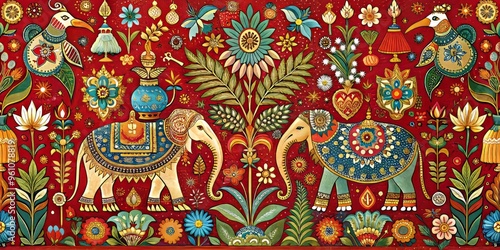 Wallpaper Mural Intricate Indian-inspired pattern featuring peacocks, elephants, and other traditional motifs in vibrant colors and ornate details, set against a rich red background with subtle texture. Torontodigital.ca