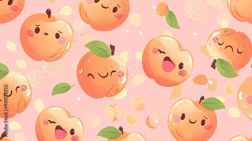 111. Adorable seamless pattern featuring kawaii peach fruits with cute faces, creating a playful and abstract cartoon background in vector style