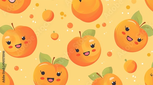 111. Adorable seamless pattern featuring kawaii peach fruits with cute faces, creating a playful and abstract cartoon background in vector style