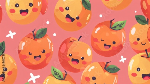 111. Adorable seamless pattern featuring kawaii peach fruits with cute faces, creating a playful and abstract cartoon background in vector style
