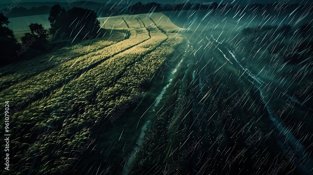 Rain and wind is coming at night on a field Rain and wind is coming at night on a field
