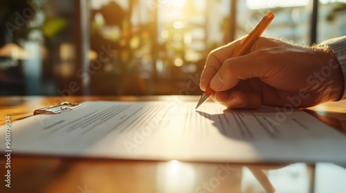 CEO s hand finalizing an agreement, sunlight spilling over the document, blurred office floor photo