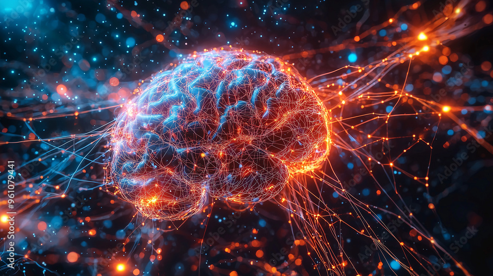 illustration of the human brain, showing neural connections and pathways, glowing lines, neuroscience and technology illustration of the human brain, showing neural connections and pathways, glowing lines, neuroscience and technology