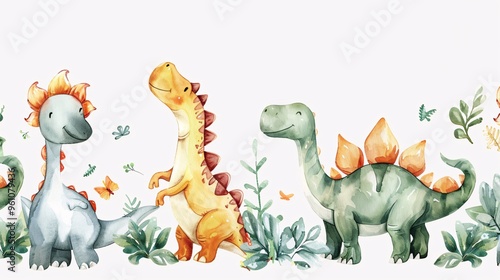 Fototapeta Naklejka Na Ścianę i Meble -  121. Seamless border pattern featuring a variety of adorable dinosaurs in different poses, beautifully illustrated in watercolor for a charming children's design