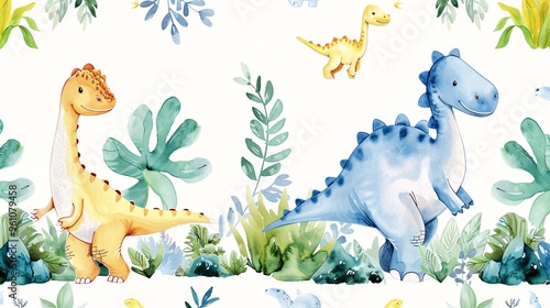 Fototapeta Naklejka Na Ścianę i Meble -  121. Seamless border pattern featuring a variety of adorable dinosaurs in different poses, beautifully illustrated in watercolor for a charming children's design
