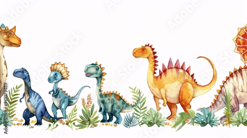 Fototapeta Naklejka Na Ścianę i Meble -  122. Cute watercolor illustration of various dinosaurs forming a seamless border, perfect for children's room decor and playful designs