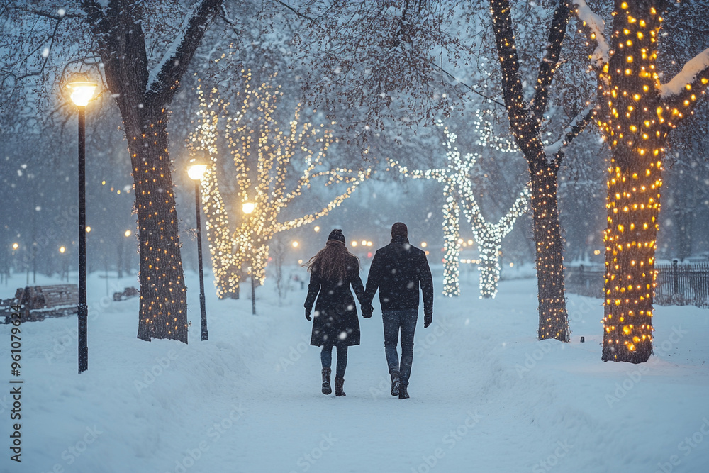A couple walks hand in hand through snow covered park, surrounded by glowing lights and falling snowflakes, creating romantic winter atmosphere. A couple walks hand in hand through snow covered park, surrounded by glowing lights and falling snowflakes, creating romantic winter atmosphere.