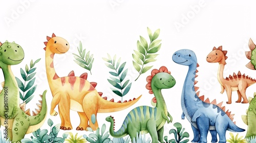 125. Charming seamless border of diverse dinosaurs, illustrated in a cute watercolor style, perfect for children's designs and decor