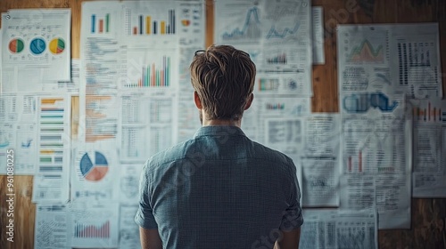 Man analyzing charts and graphs on wall for data review