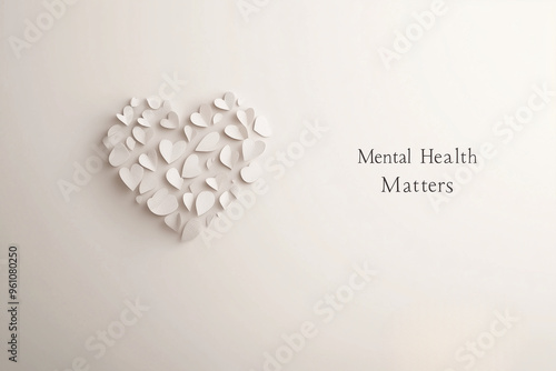 Minimalist design with 'Mental Health Matters' text, heart icon, and clean white background, copy space. photo