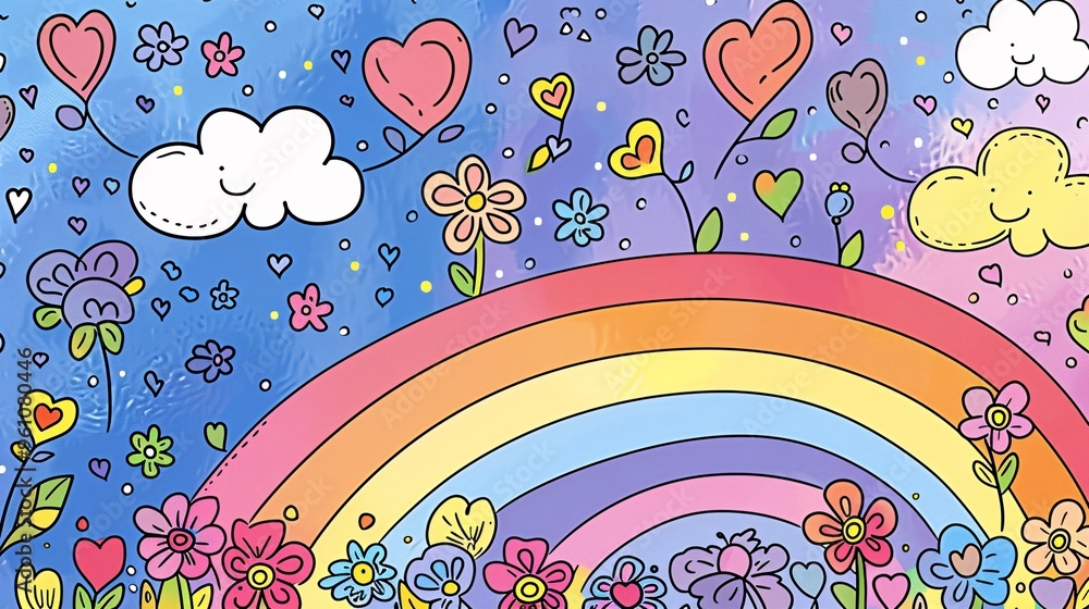 Obraz premium 143. Charming hand-drawn doodle sketches of flowers, hearts, and clouds on a colorful rainbow background, capturing a whimsical and playful children's drawing style