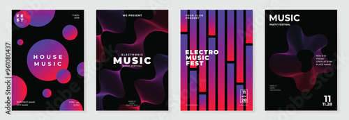 Music poster design background vector set. Electronic Sound Cover template with vibrant abstract gradient line wave and geometric shape. 