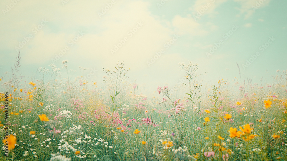 A dreamy shot of field of wildflowers under soft haze, creating serene and tranquil atmosphere. A dreamy shot of field of wildflowers under soft haze, creating serene and tranquil atmosphere.