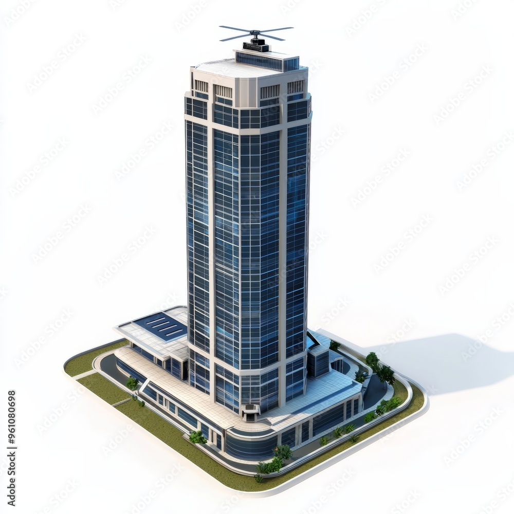 3D Render of a tall office skyscraper with a helipad on the roof, on isolated white background 3D Render of a tall office skyscraper with a helipad on the roof, on isolated white background