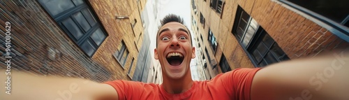 Happy accident during a selfie, resulting in a funny expression, focus on the spontaneous joy, surreal, composite, urban alleyway backdrop photo