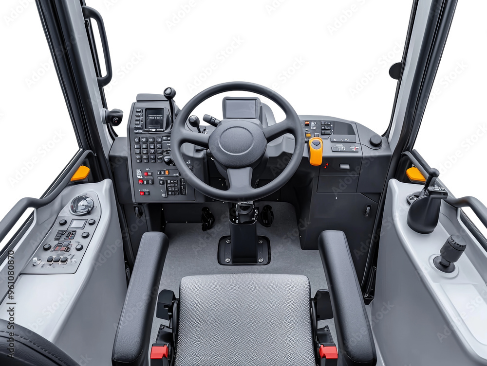 Interior view of a modern construction vehicle cabin with controls Interior view of a modern construction vehicle cabin with controls