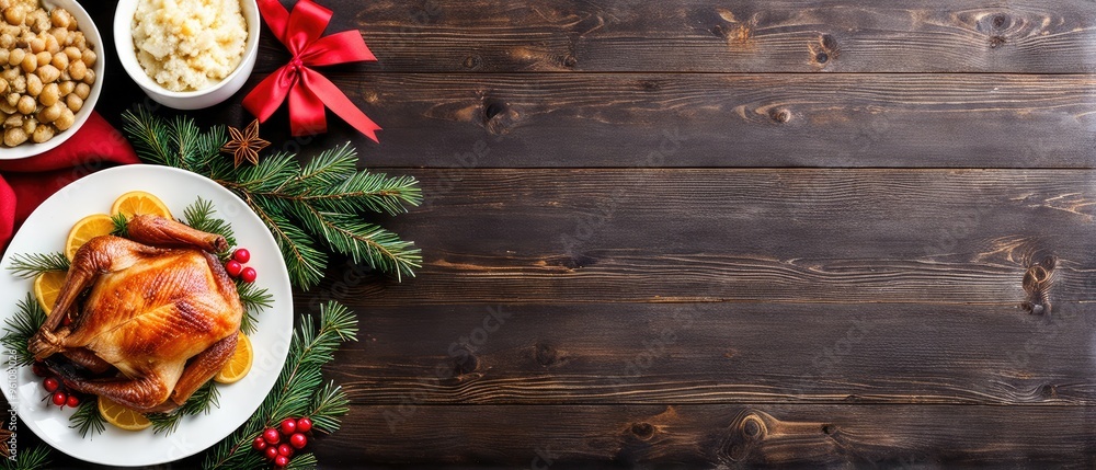 Roasted chicken with orange slices, cranberries, and rosemary on a white plate surrounded by green fir branches and a red ribbon on a dark wood background with copy space. Roasted chicken with orange slices, cranberries, and rosemary on a white plate surrounded by green fir branches and a red ribbon on a dark wood background with copy space.
