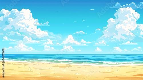 156. Bright and cheerful vector illustration of a summer beach scene with a clear blue sky, fluffy clouds, and golden sand, perfect for background and wallpaper designs