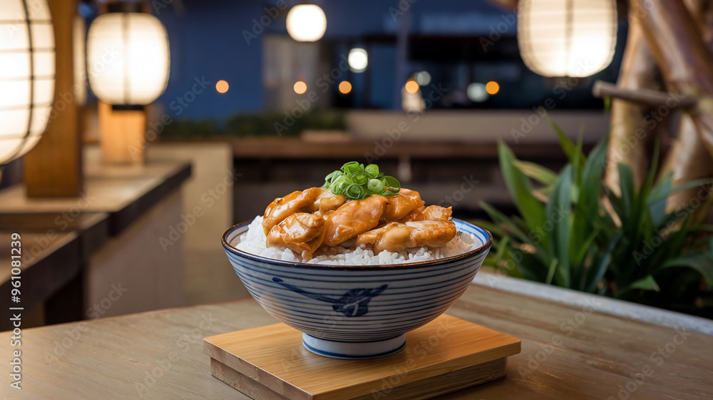 Delicious Japanese Teriyaki chicken served on a bed of rice in a ceramic bowl in a cozy restaurant setting, perfect for food photography. Delicious Japanese Teriyaki chicken served on a bed of rice in a ceramic bowl in a cozy restaurant setting, perfect for food photography.