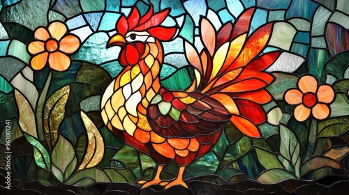Super abstract stained glass with a vibrant neoclassic Thai chicken, surrounded by a cinematic background of textured trees and flowers