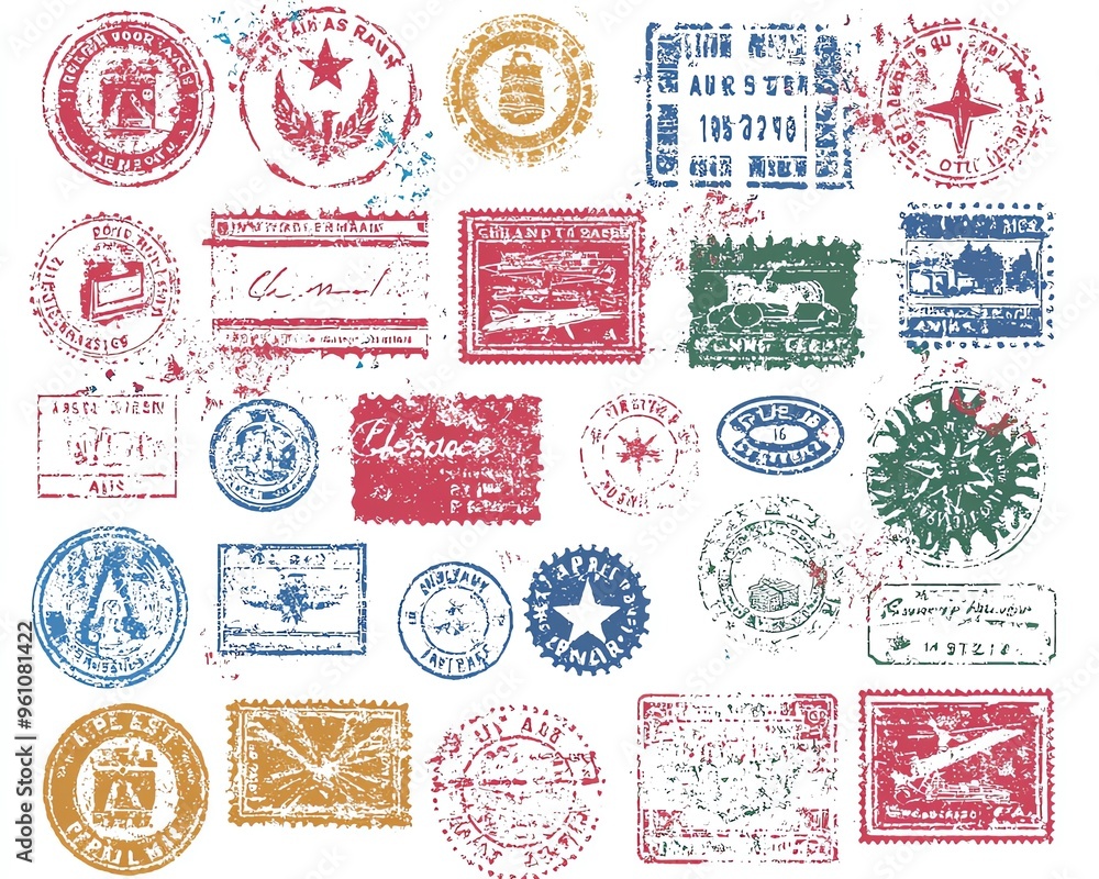 Obraz premium Vintage Christmas stamps with festive designs and grunge texture.