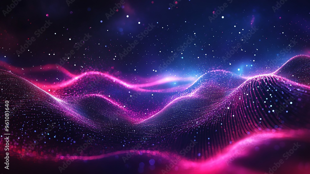 Fototapeta premium Abstract digital background with pink and blue glowing particles.