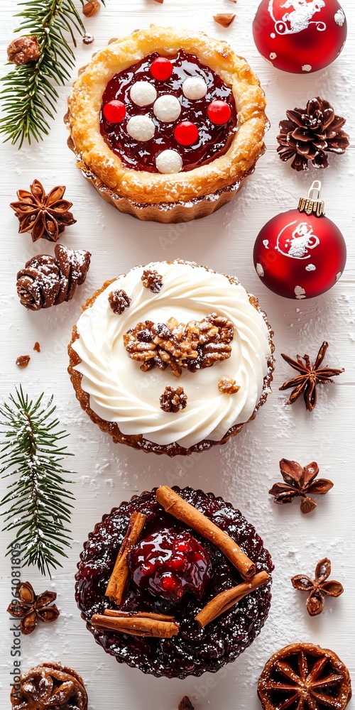 Three festive mini tarts with cranberry, chocolate and white frosting. Three festive mini tarts with cranberry, chocolate and white frosting.