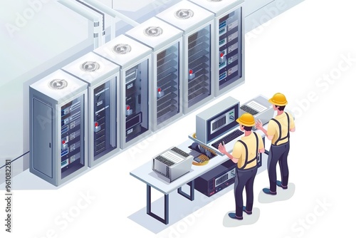 technician inspection hvac air conditioner computer room temperature control system in server room engineers installation, isometric
