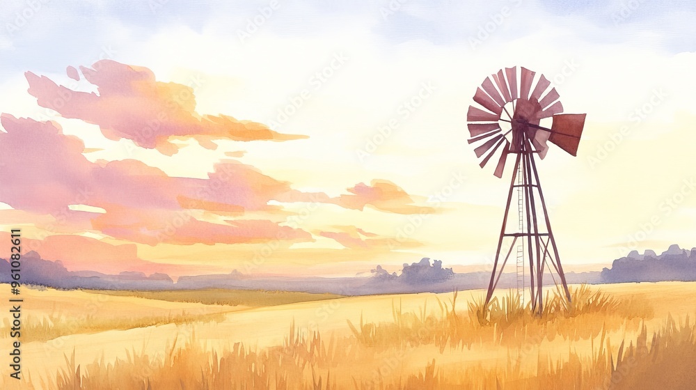 Rustic windmill, golden field, evening sunset, countryside calm, watercolor Rustic windmill, golden field, evening sunset, countryside calm, watercolor