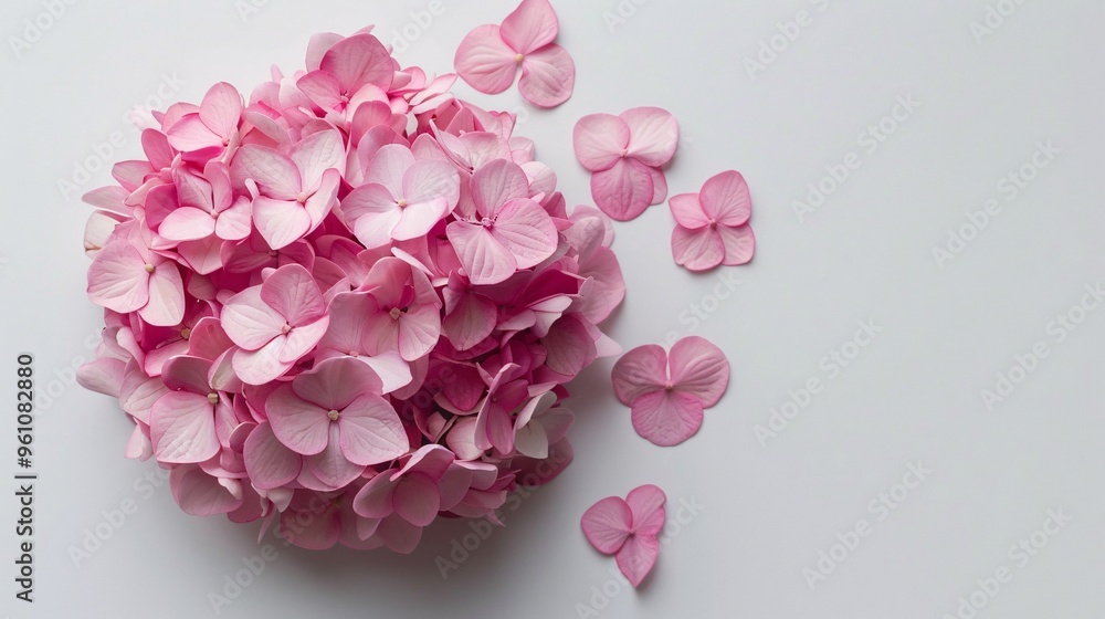 183. Simple yet charming floral flat lay with small pink Hydrangea flowers, styled for summer and captured in a minimal monochrome design with clear copy space 183. Simple yet charming floral flat lay with small pink Hydrangea flowers, styled for summer and captured in a minimal monochrome design with clear copy space