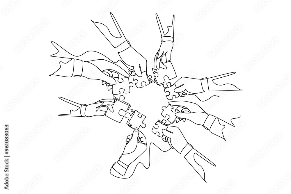 Continuous one line drawing of male and female business team members unite puzzle pieces together to one as team building symbol. Employee teamwork. Single line draw design vector graphic illustration Continuous one line drawing of male and female business team members unite puzzle pieces together to one as team building symbol. Employee teamwork. Single line draw design vector graphic illustration