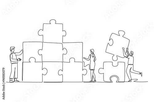 Continuous one line drawing group of young business people arrange puzzle pieces to build strong building. Collaboration business teamwork concept. Single line draw design vector graphic illustration