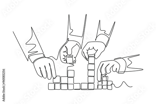 Single continuous line drawing business team member arrange wooden cube block become strong tower, together to improve team building. Teamwork concept. One line draw graphic design vector illustration