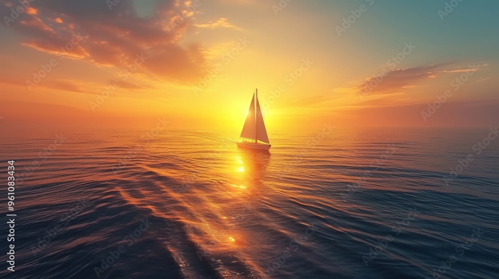 A serene sailboat navigates calm ocean waters under a vibrant sunset. The golden light reflects off the waves, creating a peaceful and tranquil scene perfect for themes of relaxation and escape.