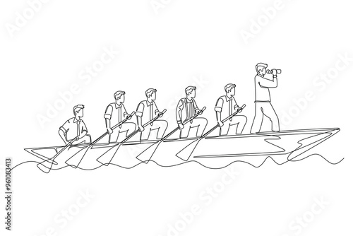 Single continuous line drawing group of male team member take boat heading to an island while leader navigate them using binocular. Teamwork concept. One line draw graphic design vector illustration