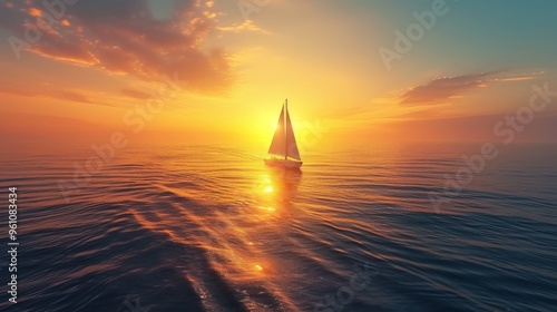 Obraz na płótnie A serene sailboat navigates calm ocean waters under a vibrant sunset. The golden light reflects off the waves, creating a peaceful and tranquil scene perfect for themes of relaxation and escape. w salonie