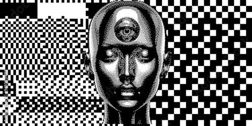 Glitchy and distorted human face appearing out of pixel noise. A conceptual illustration on artificial intelligence and its emergent nature with the humankind.