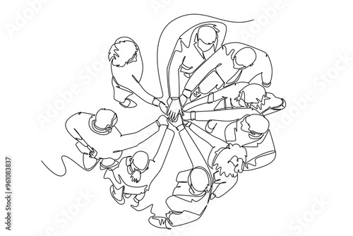 Single one line drawing top view of group young happy business people unite their hands together to form circle shape symbol. Teamwork concept. Continuous line draw design graphic vector illustration