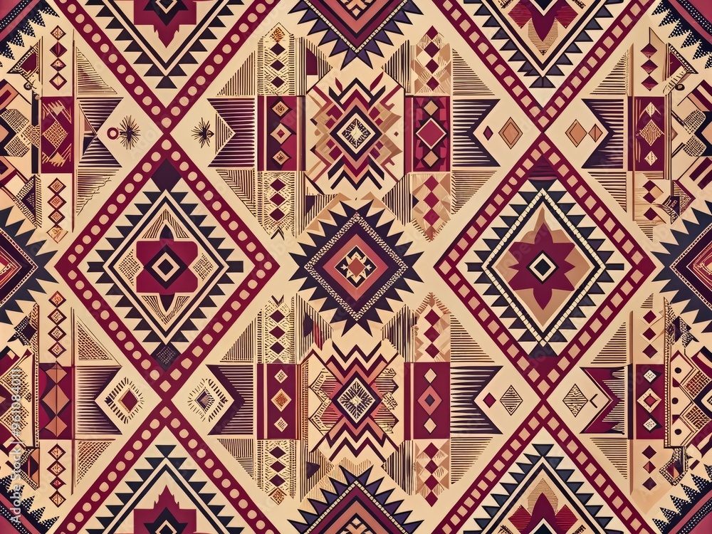 A bold, tribal-inspired pattern featuring graphic shapes and geometric patterns in a palette of deep berry tones, set against a neutral, sandy beige background. A bold, tribal-inspired pattern featuring graphic shapes and geometric patterns in a palette of deep berry tones, set against a neutral, sandy beige background.