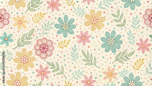 Dots and dashes in a variety of pastel hues, arranged in a floral pattern on a soft, creamy background, evoking a sense of whimsy and playfulness.