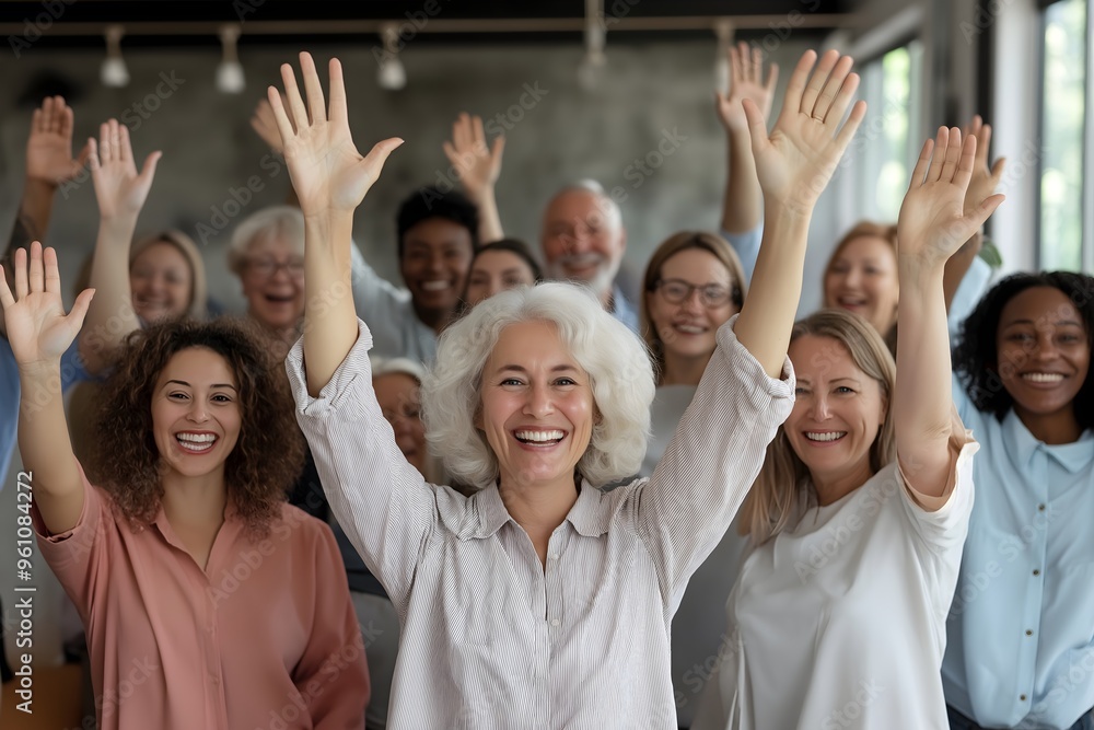 Successful business team hands up as target goal reached. Solution achievement. Multinational diverse brainstorming. Successful business team hands up as target goal reached. Solution achievement. Multinational diverse brainstorming.
