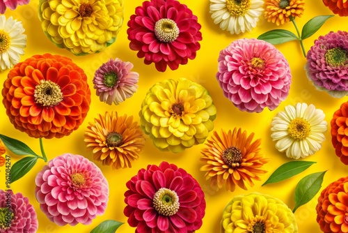 A fun and quirky pattern of zinnias in bright and bold colors, set against a bright yellow background, with loose and expressive lines, and playful shapes.